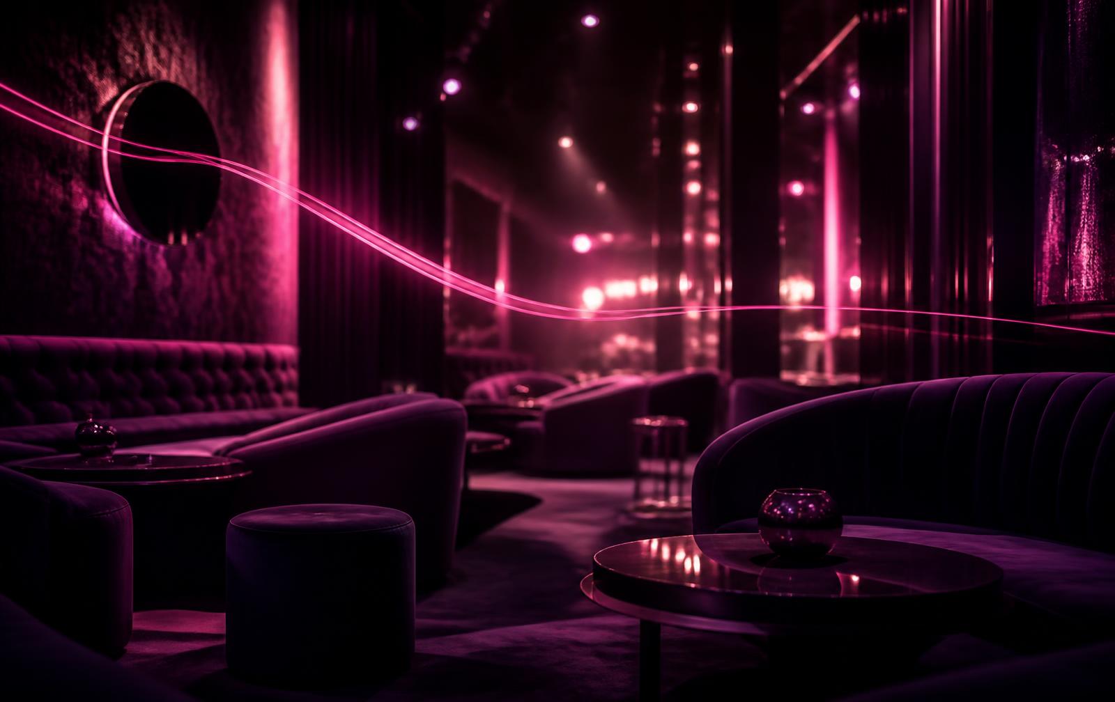 Sfeervolle loungeruimte met roze neonlicht